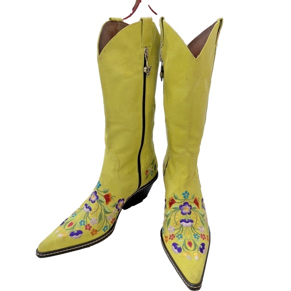 Rare Donald J. Pliner Lime Green Suede Western Boots Size 6 - Made in Italy - Picture 1 of 12